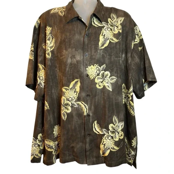 Tommy Bahama Men's Silk Brown Floral Hawaiian Shirt Size XXL - Picture 1 of 5